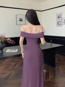 Modelyn Women's Off Shoulder Ruched Waist Elegant Wedding/Party Dress - Purple - View 3