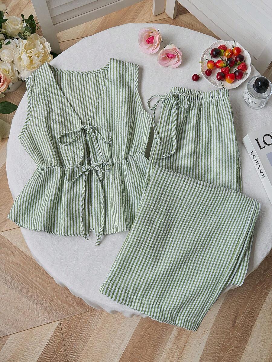 Sweetra 欧美新款夏季粉色条纹系带纯色直筒裤两件套百搭街头风女装 - 軍綠色 - 查看 1