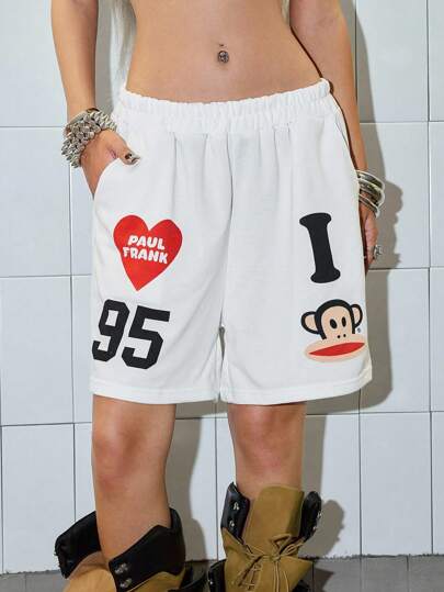 Paul Frank X ROMWE Pantaloncini casual da donna con stampa di lettere e scimmie, vita elastica, estivi