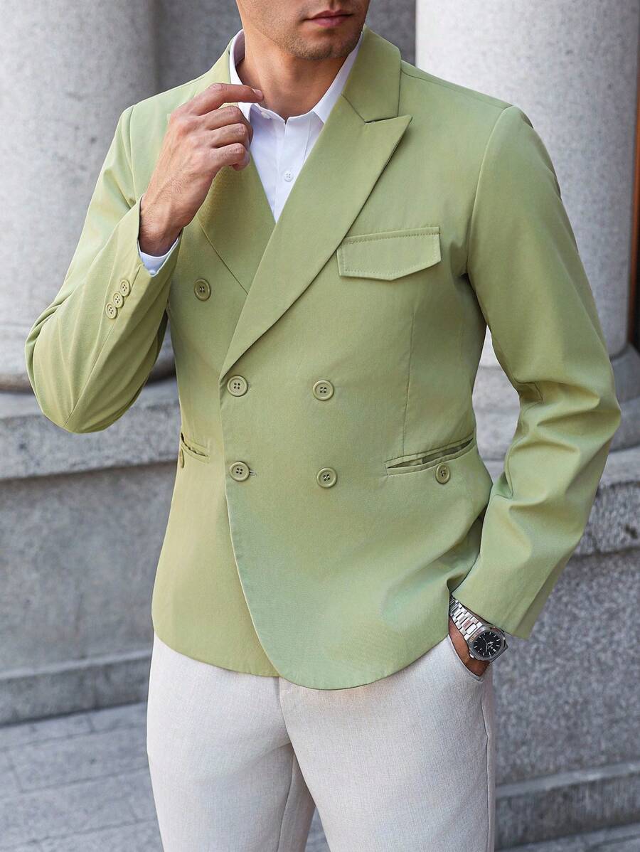 Manfinity Bizformal Men's Casual Commute Solid Color Double-Breasted Green Blazer, Old Money - Green - View 1