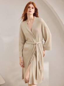 Ocili 柔软舒适的女士休闲家居长袍，秋季舒适服装 - 卡其色 - 查看 4