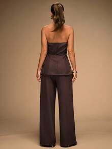 SHEIN BAE Bộ đồ thời trang áo hai dây màu trơn viền bất đối xứng dành cho nữ và quần dài màu nâu Bộ đồ liền thân không dây dành cho nữ Bộ đồ liền thân màu nâu Bộ đồ mùa hè Bộ đồ hai mảnh quần dài cho mùa thu/đông - màu nâu - Xem 2