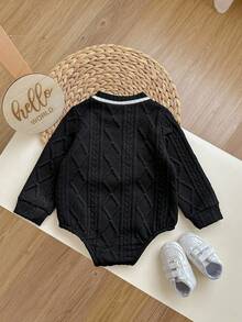 男婴/女婴可爱休闲百搭菱形格子拼接领长袖连体衣，白色，适合春、秋、冬；黑色男婴连体衣；黑色长袖连体衣；男婴麻花针织连体衣 - 黑色 - 查看 2