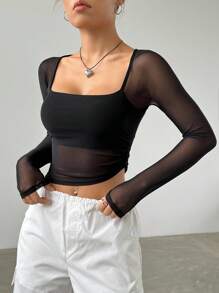 SHEIN EZwear Spring Black Square Neck Asymmetrical Hem Crop Mesh Date Night Top - Black - View 4