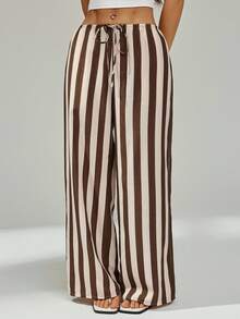 SHEIN PETITE Women's Striped Drawstring Waist Wide Leg Loose Casual Pants - Brown - View 1
