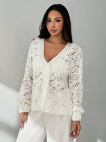 SHEIN PETITE 女士花卉镂空长袖单排扣宽松开衫