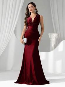 Coutiva Sexy Deep V Elastic High Waist Asymmetric Ruched Fishtail Evening Gown, Suitable For Weddings, Events, Parties, Honeymoons, Bridesmaid Dresses - Burgundy - View 4
