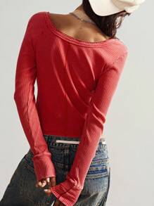 Bohemela 女式休闲纯色纽扣前长袖 T 恤 - 紅色 - 查看 6