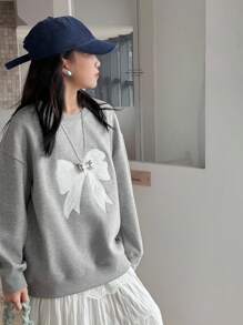 DAZY Tween Size Round Neck Knitted Fleece Sweatshirt With Bow Embroidery Fall,Winter - Grey - View 3