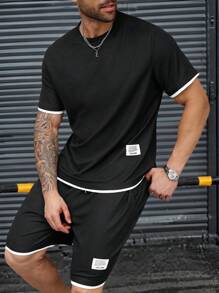 Manfinity Homme 2025 Men Plus Size Casual T-Shirt Set, Fashion Sets, Sports Casual Daily Commute Holiday Wear, Great Gift For Boyfriends And Husbands, Unisex Couple Matching, Versatile And Slimming - Black - View 5