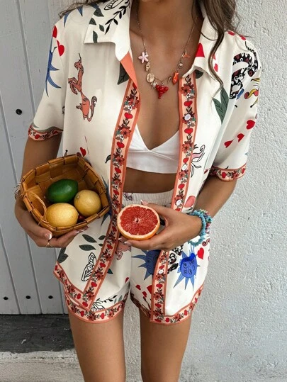 Selianne Conjunto de 2 piezas para mujer: Camisa de manga corta con estampado floral y pantalones cortos