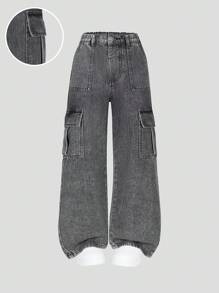 SHEIN 青少年女孩 Y2K 风格牛仔裤，新品上市，灰色水洗牛仔布工装口袋设计，时尚休闲日常百搭，松紧腰带拉链开合，青少年女孩牛仔裤 - 灰色 - 查看 1