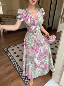 Modelyn 珍珠纽扣装饰交叉领口泡泡袖修身女式连衣裙 - 彩色 - 查看 4