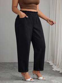 Elenzga Plus Size Women Frill Trim Waist Pocket Wide Leg Loose Casual Jeans - Black - View 5