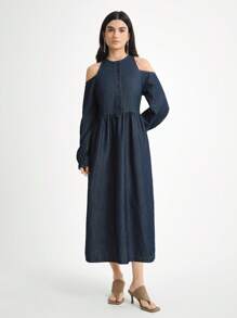 Daynim Women's Casual Vacation Lantern Sleeve Denim Dress