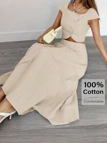 Siren Gaze 女士纯色单排扣短袖露脐上衣和半裙休闲两件套夏季 - 杏色 - 查看 5