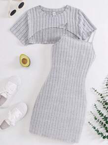 SHEIN 2 件装少女浅灰色罗纹短款上衣和吊带连衣裙休闲套装