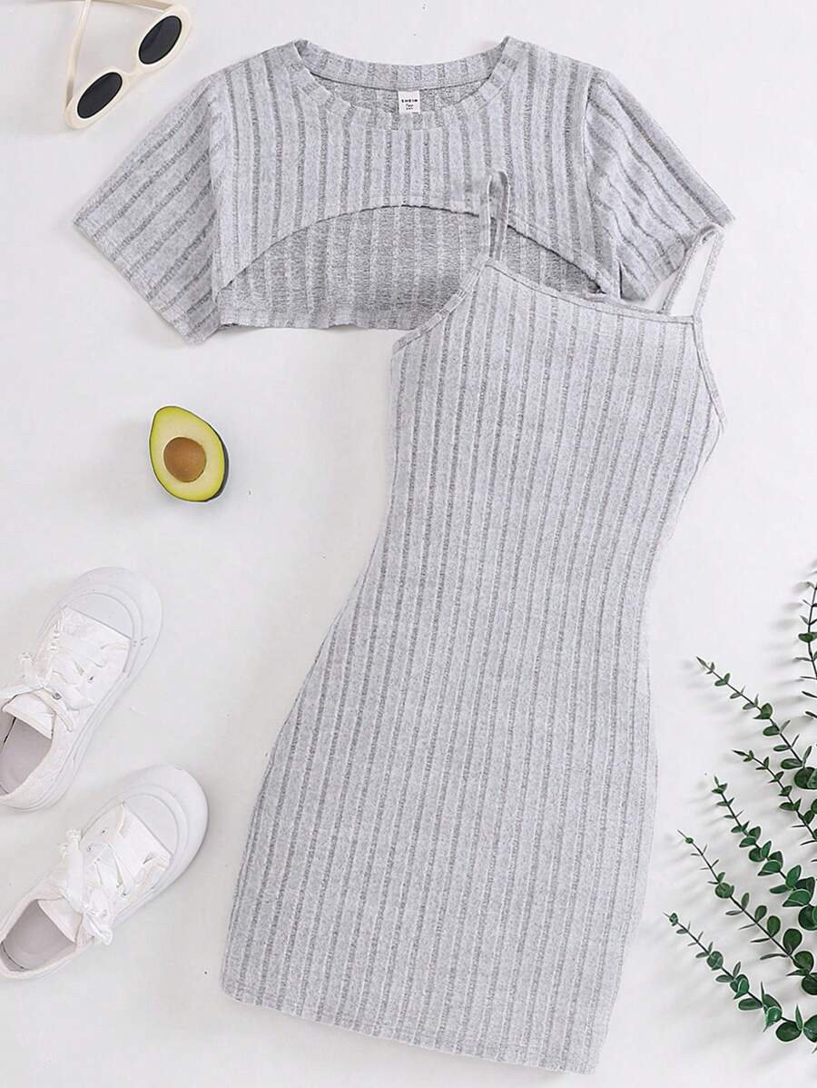 SHEIN 2 件装少女浅灰色罗纹短款上衣和吊带连衣裙休闲套装