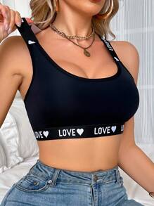 女士字母及心形提花交叉后背胸罩 - 黑色 - 查看 4