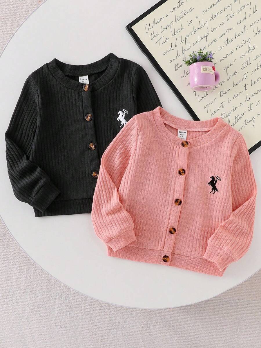 Genkimix Kids 返校季秋季服装两件套，女童可爱小马刺绣休闲罗纹条纹长袖粉色外套搭配黑色返校学院风冬季单品 - 粉色 - 查看 1