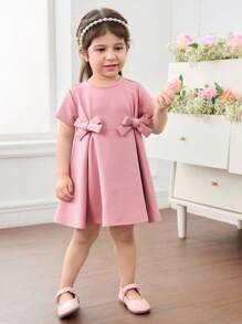 Babygirl 优雅可爱粉色蝴蝶结短袖宽松连衣裙 - 粉色 - 查看 3