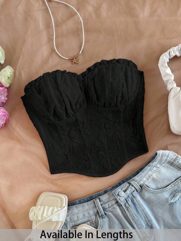SHEIN Tall CURVE Top corto bustier bianco da vacanza, in tessuto strutturato arricciato, con orlo a volant