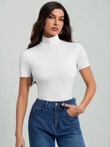 SHEIN Tall Camiseta básica de cuello alto de unicolor negro de manga corta para mujer - Blanco - Ver 5