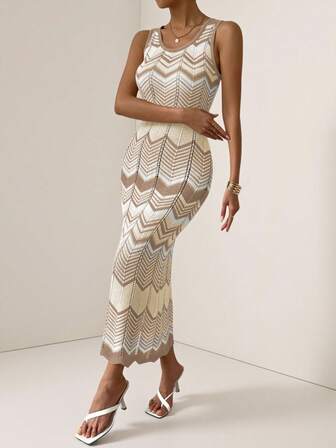 Vesra All-Over Pattern Contrast Color Crew Neck Elegant Sleeveless Sweater Dress