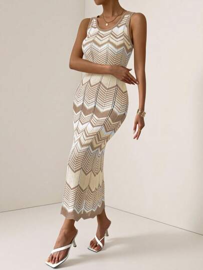 Vesra All-Over Pattern Contrast Color Crew Neck Elegant Sleeveless Sweater Dress