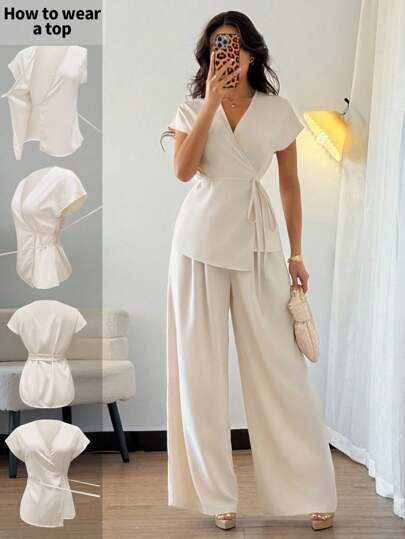 Elenzga 女士优雅裹身蝙蝠袖衬衫上衣和宽腿宽松裤两件套，适合约会、职场、通勤和休闲办公室穿着，编织杏色