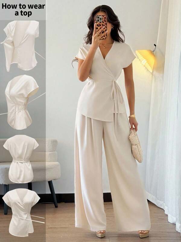 Elenzga Women's Elegant Wrap Batwing Sleeve Blouse Top & Wide Leg Loose Pants 2 Pieces Set, Suitable For Dates, Workplace, Commute & Casual Office Wear, Woven Apricot Color