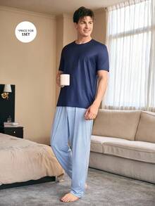 CoupledUp Contrast Stripe Print Men's Pajama Set Including Short Sleeve Tops And Bottoms Couple Pajama Sets Couple Pjs Summer Sleep Wear Sets Men Sleepwear Men Pjs Set - Multicolor - View 4