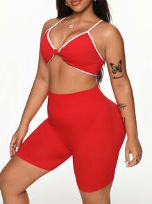 Easithlete Bộ đồ thể thao liền mạch màu đỏ cỡ lớn dành cho nữ, gồm áo ba lỗ hở lưng và quần short thể thao 3 inch - Phù hợp để mặc hàng ngày, hoạt động ngoài trời, thường ngày và phong cách đường phố. Bộ đồ tập luyện dành cho nữ - Đỏ - Xem 3