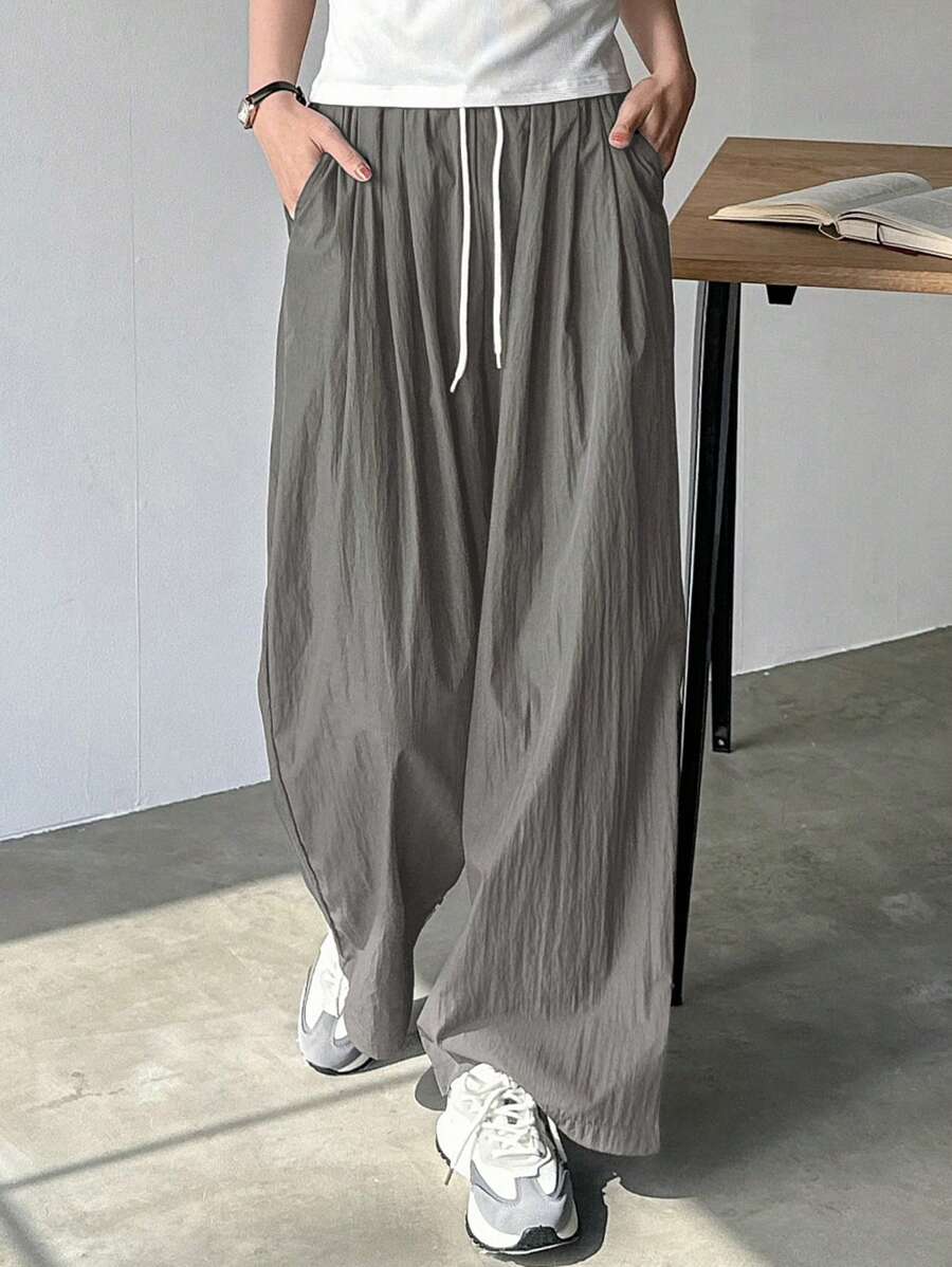 FRIFUL 女式纯色抽绳腰口袋阔腿休闲裤 - 灰色 - View 1