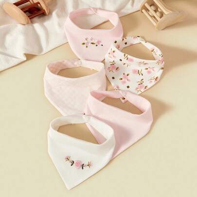 6pcs Baby Cotton Bibs, Ditsy Floral Embroidery Triangle Scarf, Suitable For Infants Under 3 Years Old, All Seasons