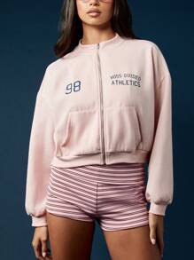 MISSGUIDED 运动拉链运动衫经典学院风设计复古休闲运动号码保暖宽松飞行员夹克短款套头衫秋冬分层必备 - 粉色 - 查看 4