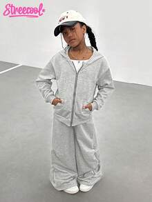 Minimalist Fashion Tween Girl Plain Long Sleeve Zip Hooded Jacket & Wide Leg Pants Casual Suit Fall Winter - Grey - View 7
