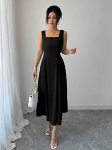 Rafferiza 浅蓝色竖条纹方领优雅后腰系带连衣裙