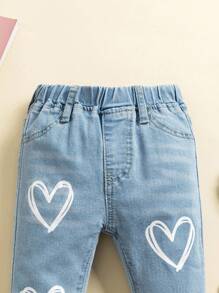 SHEIN 女婴牛仔裤，可爱休闲浅蓝色水洗白色心形印花弹力修身日常休闲女童牛仔裤，新款心形印花女童牛仔裤 - 淺色水洗藍 - 查看 5