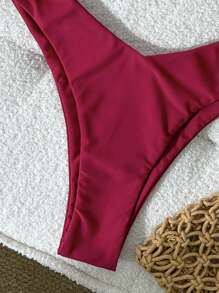 Swim Basics Women's Solid Color Spaghetti Strap Metal Decor Sexy Bikini Set, Summer - Red - View 5