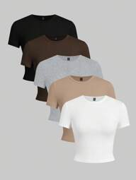 SHEIN EZwear 5 piezas/paquete Camisetas cortas de manga corta de unicolor básico