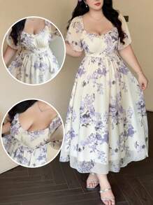 Vibekara Plus Size Women's Spring/Summer Square Collar Ruffle Sleeve Short Sleeve Elegant Resort Vintage Cute Casual A-Line Floral Print Chiffon Maxi Dress