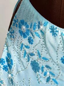 Amplova Bộ 2 món áo hở lưng buộc dây phía trước và chân váy ngắn in họa tiết hoa đính sequin và hạt cườm gợi cảm dành cho kỳ nghỉ bãi biển dành cho nữ cỡ lớn - Màu xanh lam - Xem 7