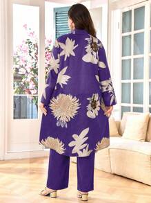 SHEIN Lacomfia 加大码花卉印花长袖上衣和长裙两件套，舒适休闲的阿拉伯风格女式秋季服装