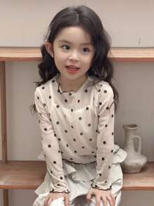 Dazy Kids 少女圆领长袖波点印花T恤 - 杏色 - 查看 4