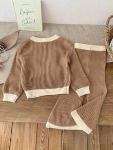 SHEIN 2 件套女婴可爱拼色蝴蝶结装饰长袖毛衣和裤子套装，秋冬 - 棕色 - 查看 2