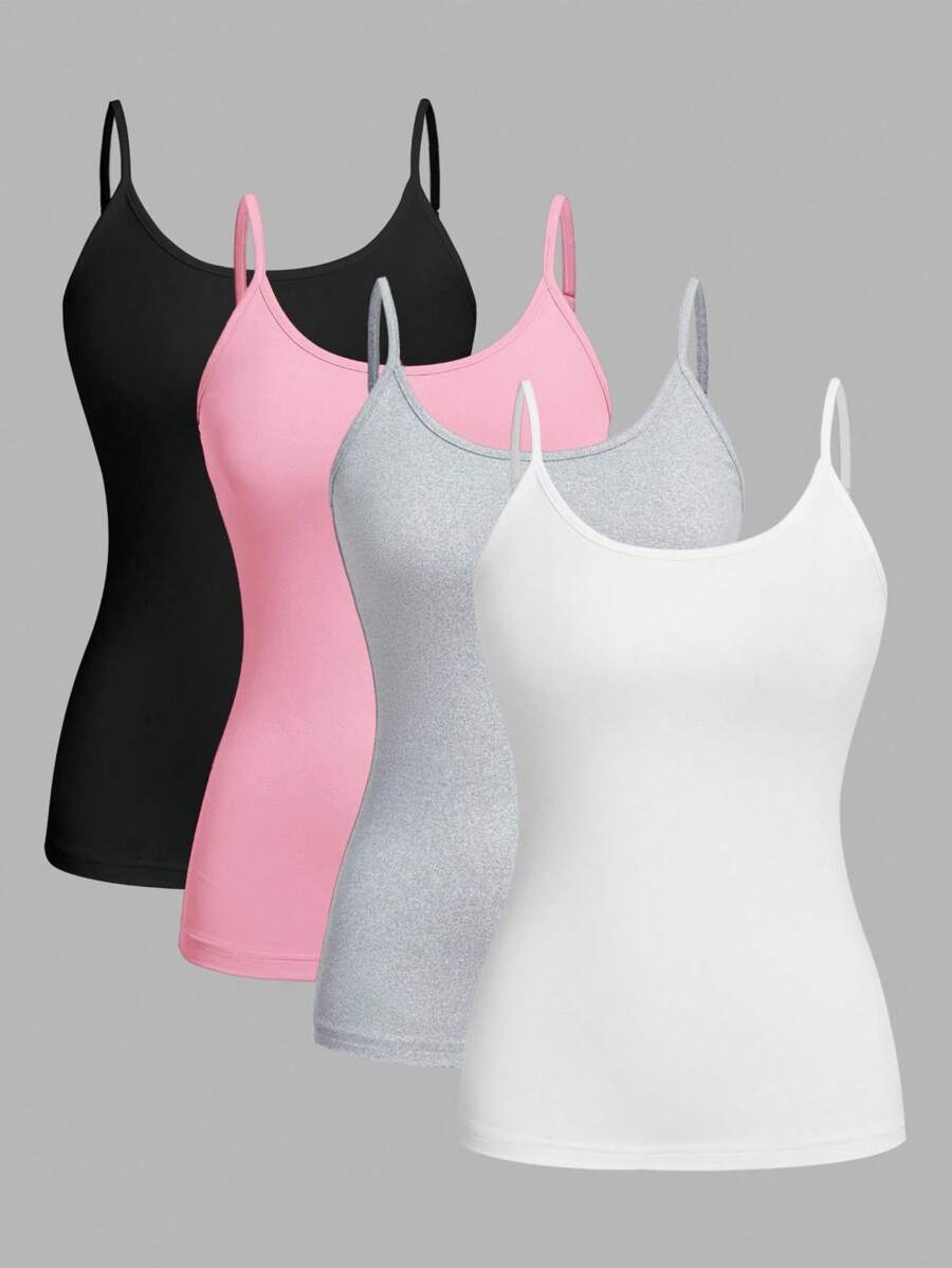 SHEIN EZwear 4 件套黑色、粉色、灰色、白色休闲简约吊带背心,适合夏季 - 彩色 - 查看 1