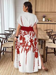 Weeklong Plus Size Summer Floral Print Slit Waist Dress - Multicolor - View 2