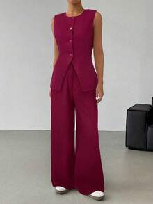 SHEIN EZwear 女士休闲勃艮第亚麻西装背心和阔腿裤套装 - 酒紅色 - 查看 1