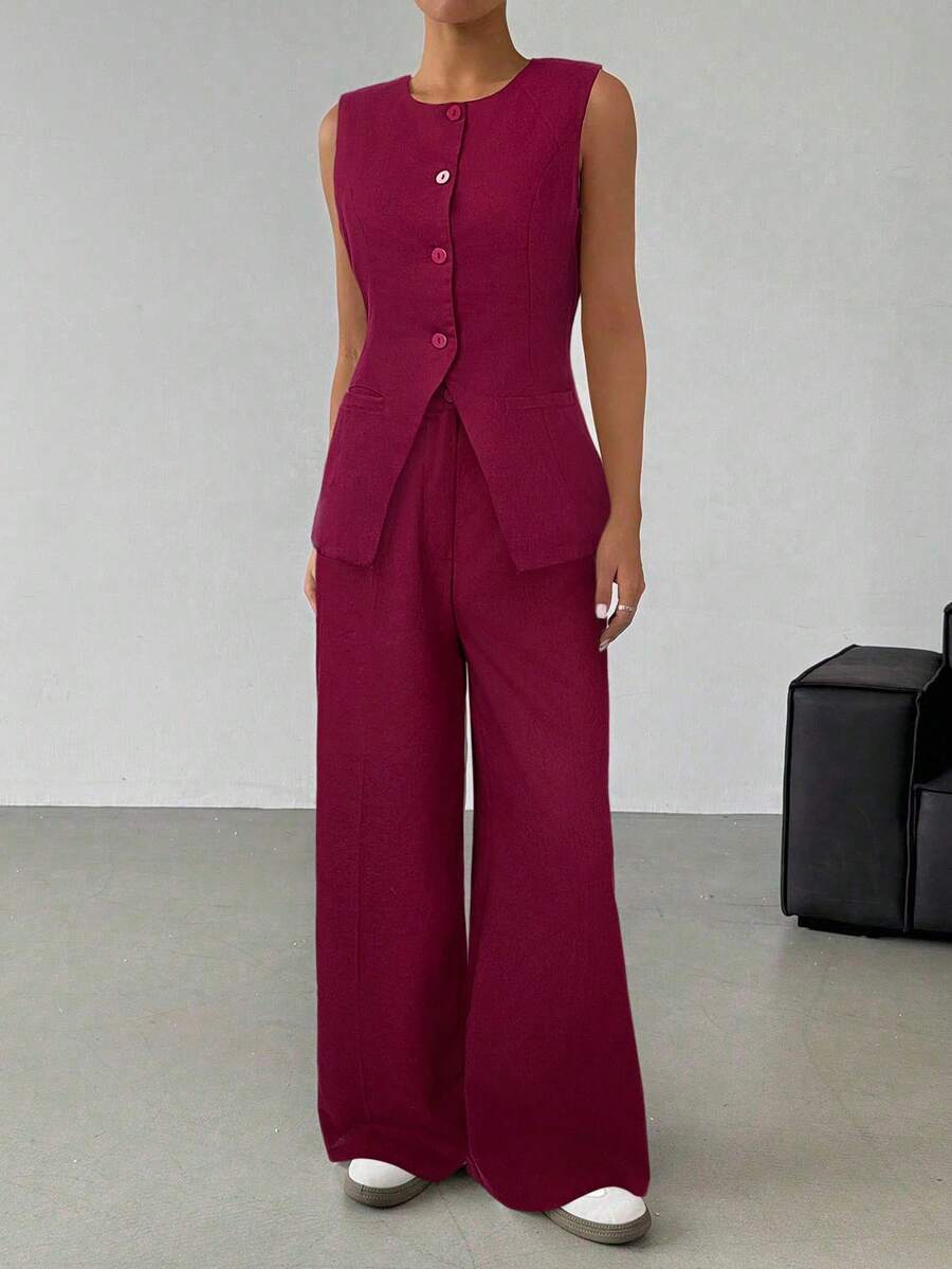 SHEIN EZwear 女士休闲勃艮第亚麻西装背心和阔腿裤套装 - 酒紅色 - 查看 1
